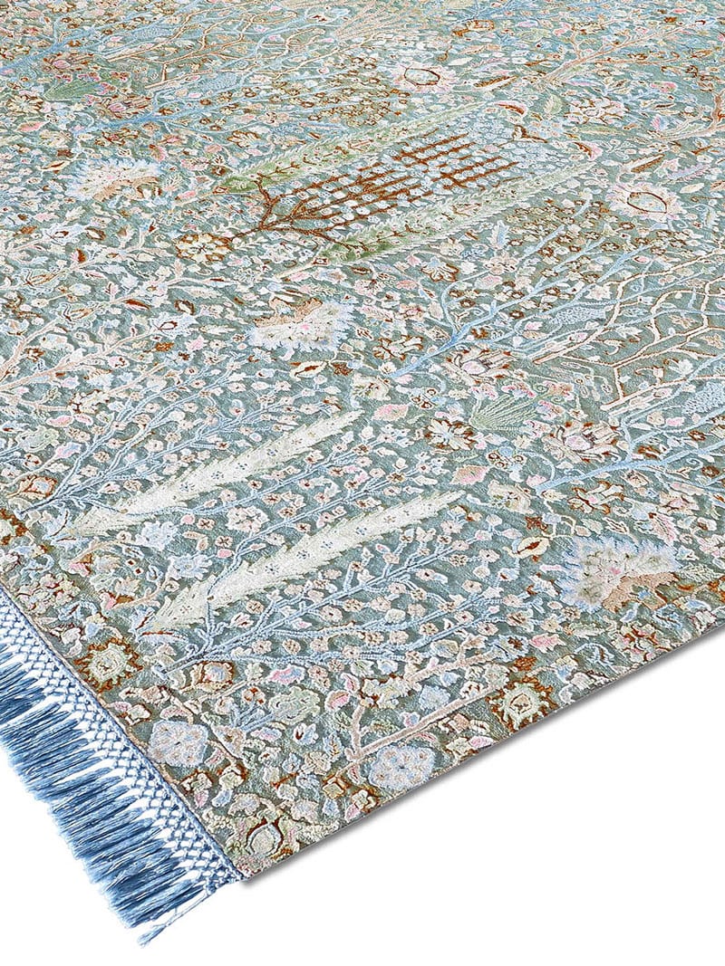 Pine Garden Blue Hand-Knotted Wool / Silk Rug ☞ Size: 365 x 457 cm