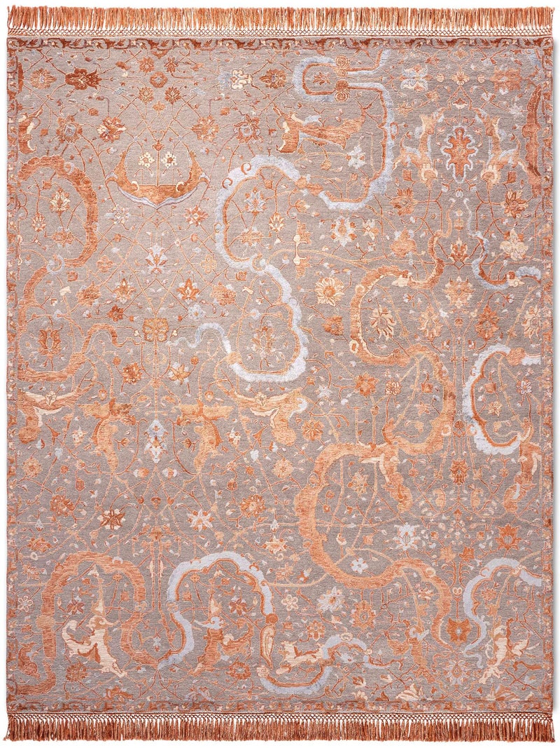 Tabriz Orange Hand-Knotted Wool / Silk Rug
