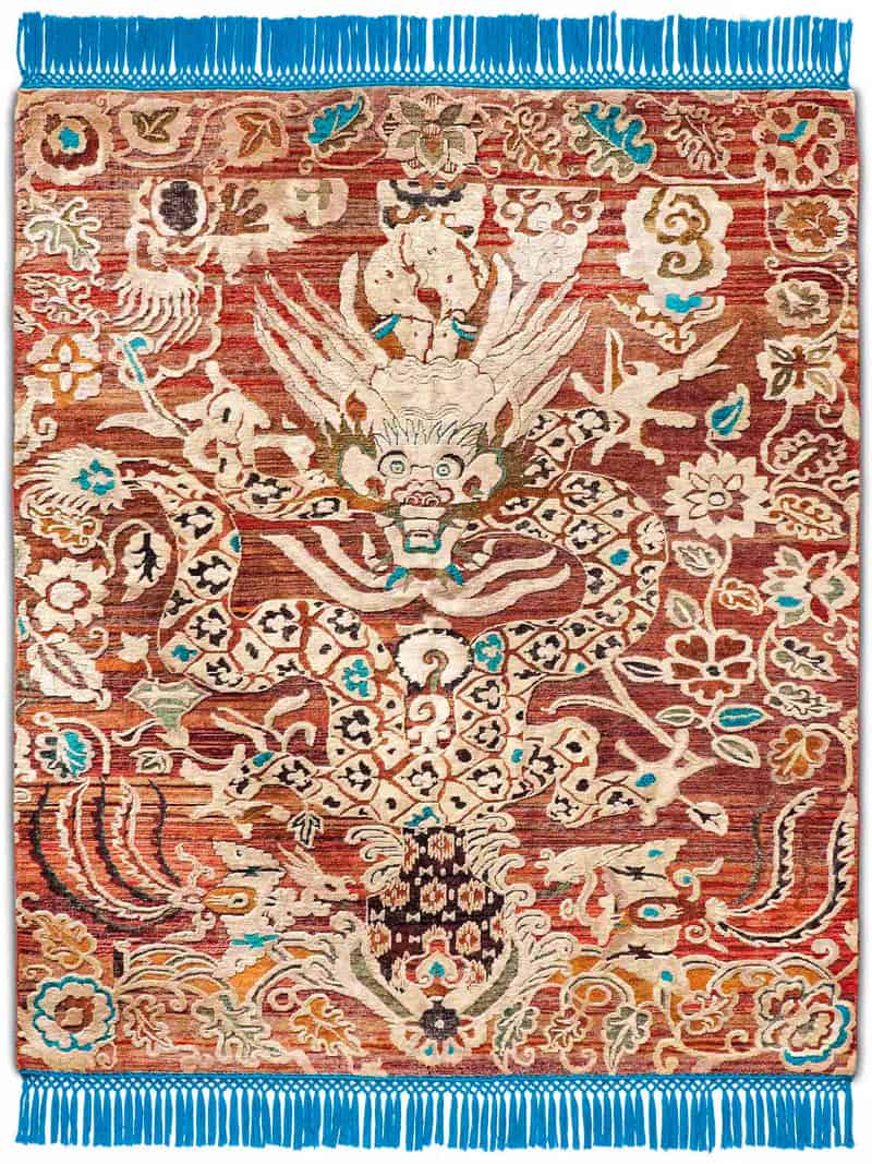 Dragon Blue / Red Silk / Wool Rug