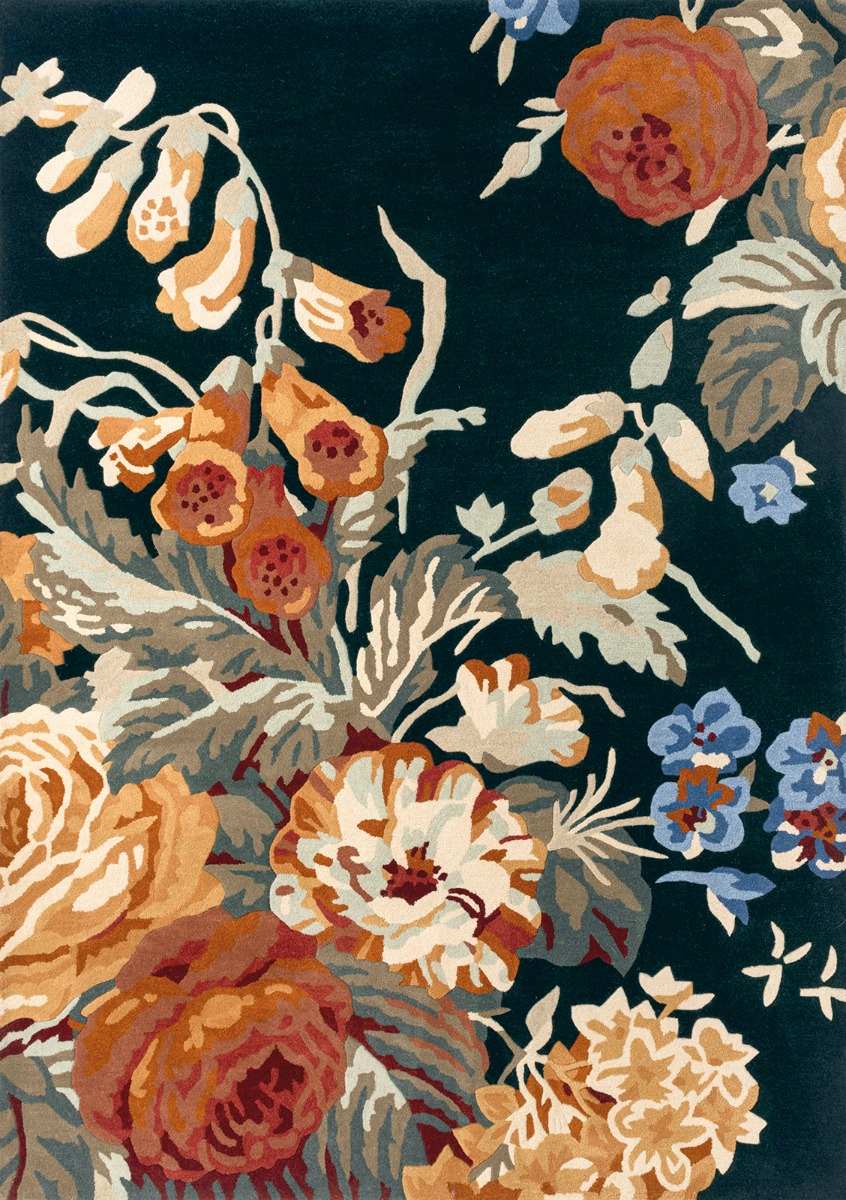 Flowers Navy / Orange Wool Rug ☞ Size: 140 x 200 cm