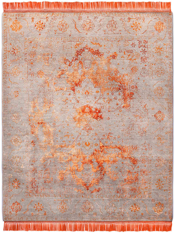 Copper Orange Hand-Knotted Wool / Silk Rug ☞ Size: 122 x 183 cm