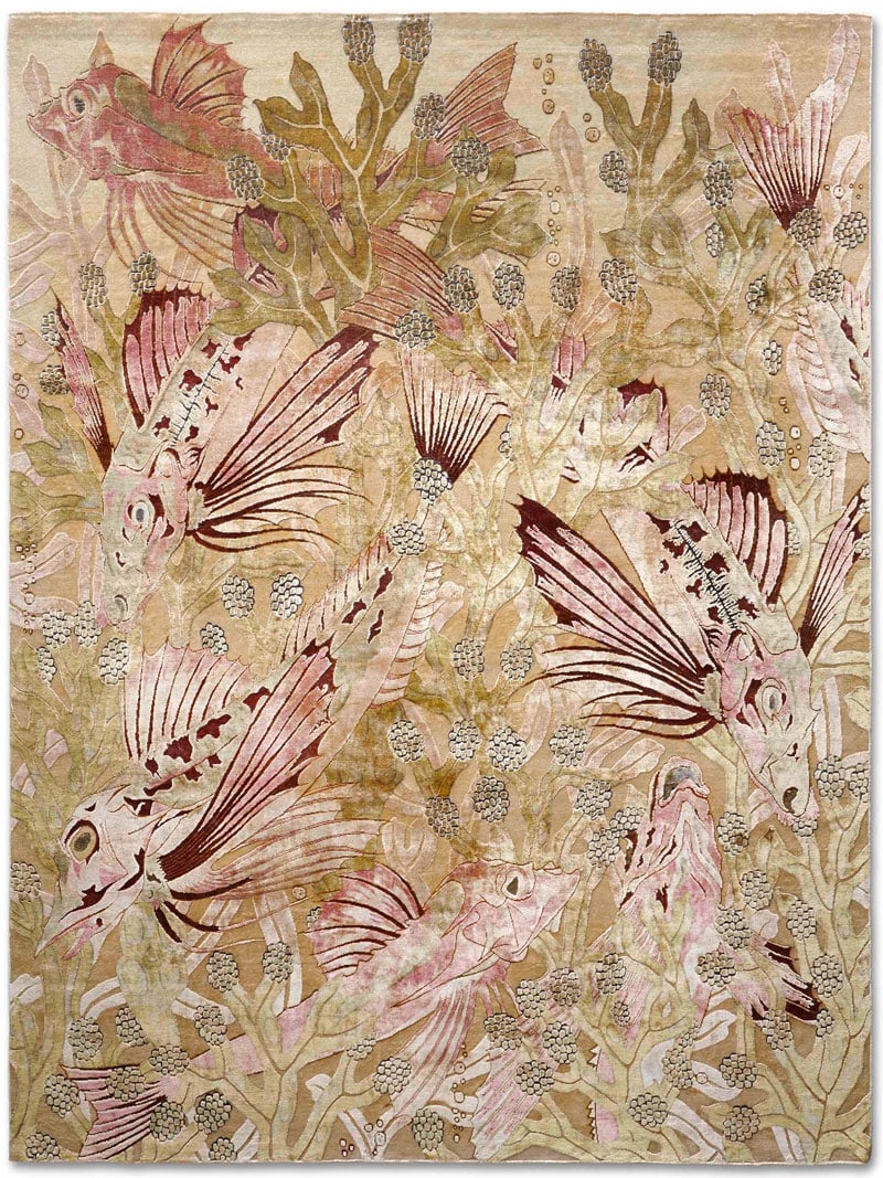Fishes Luxury Silk / Wool Rug ☞ Size: 140 x 210 cm