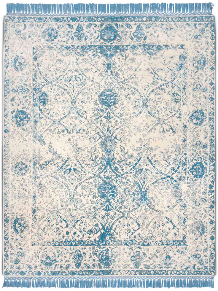 Light Blue Hand-Knotted Wool / Silk Rug ☞ Size: 305 x 427 cm