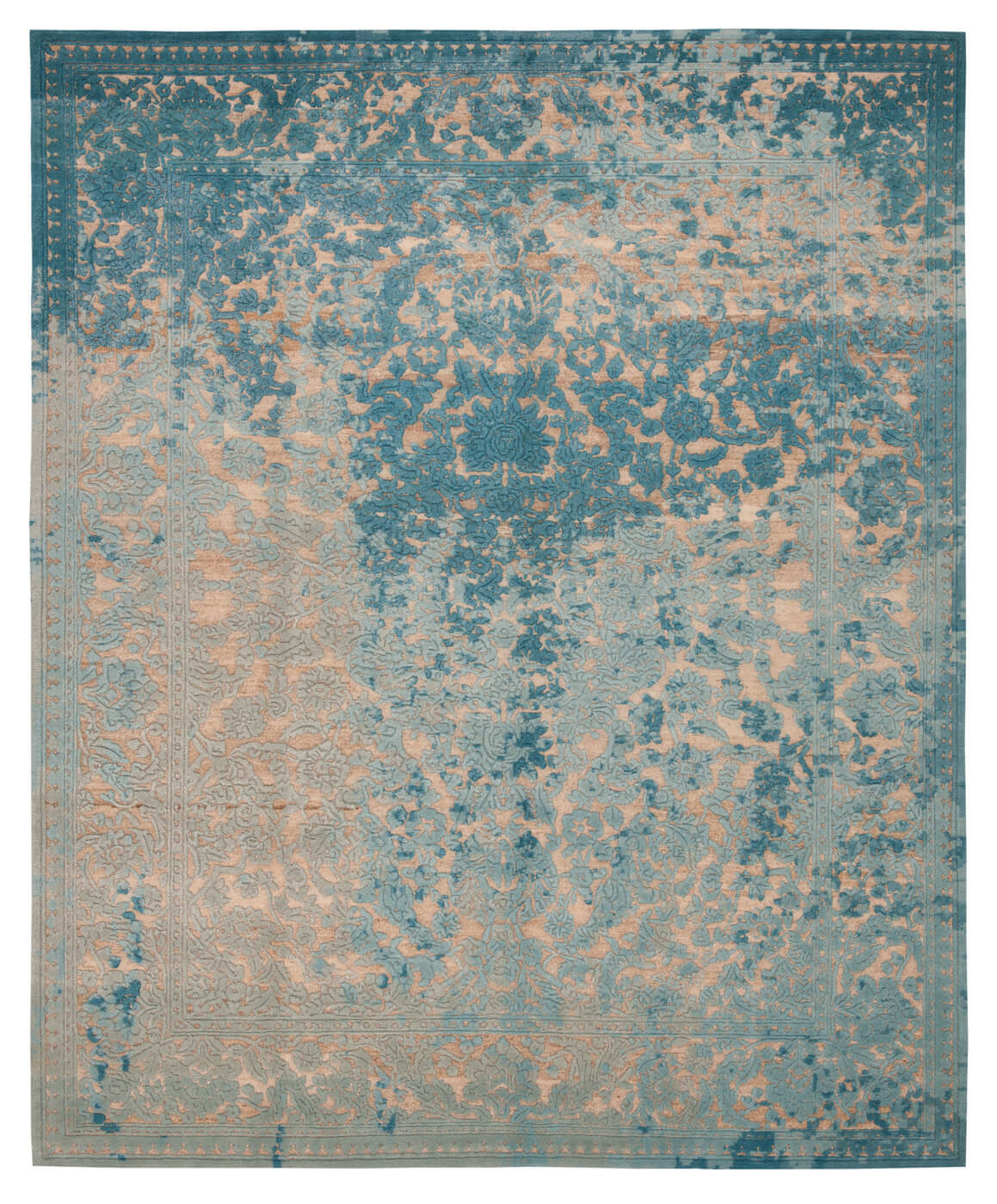 Faded Medallion Wool / Silk Blue Luxury Rug ☞ Size: 300 x 400 cm