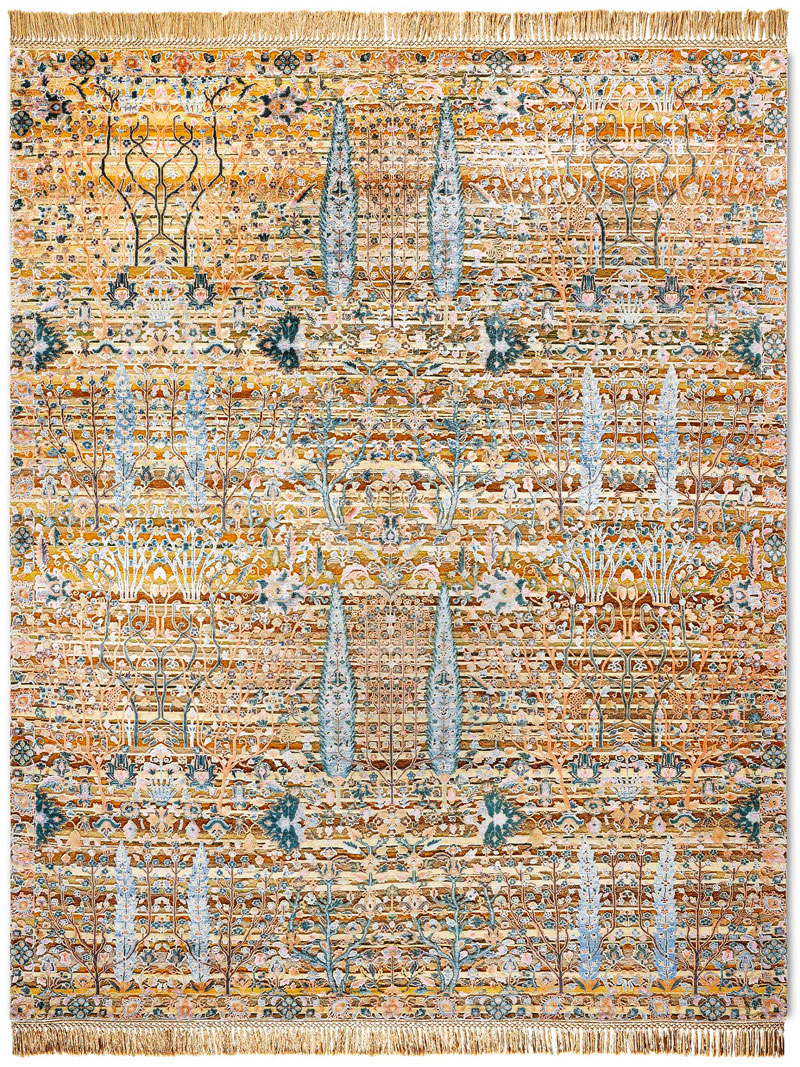 Pine Garden Gold Hand-Knotted Wool / Silk Rug ☞ Size: 122 x 183 cm