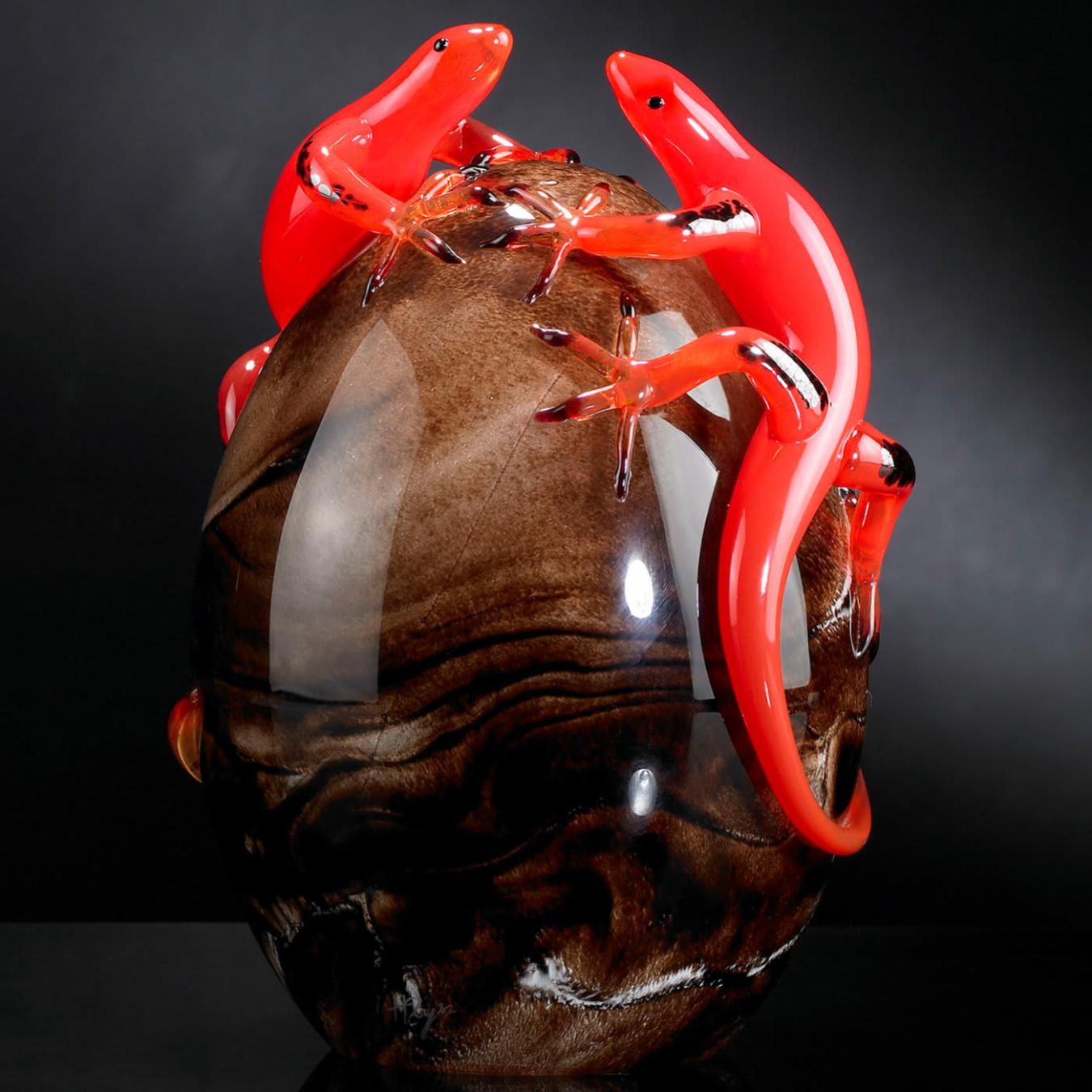 Dark Glass Egg with Red Geckos