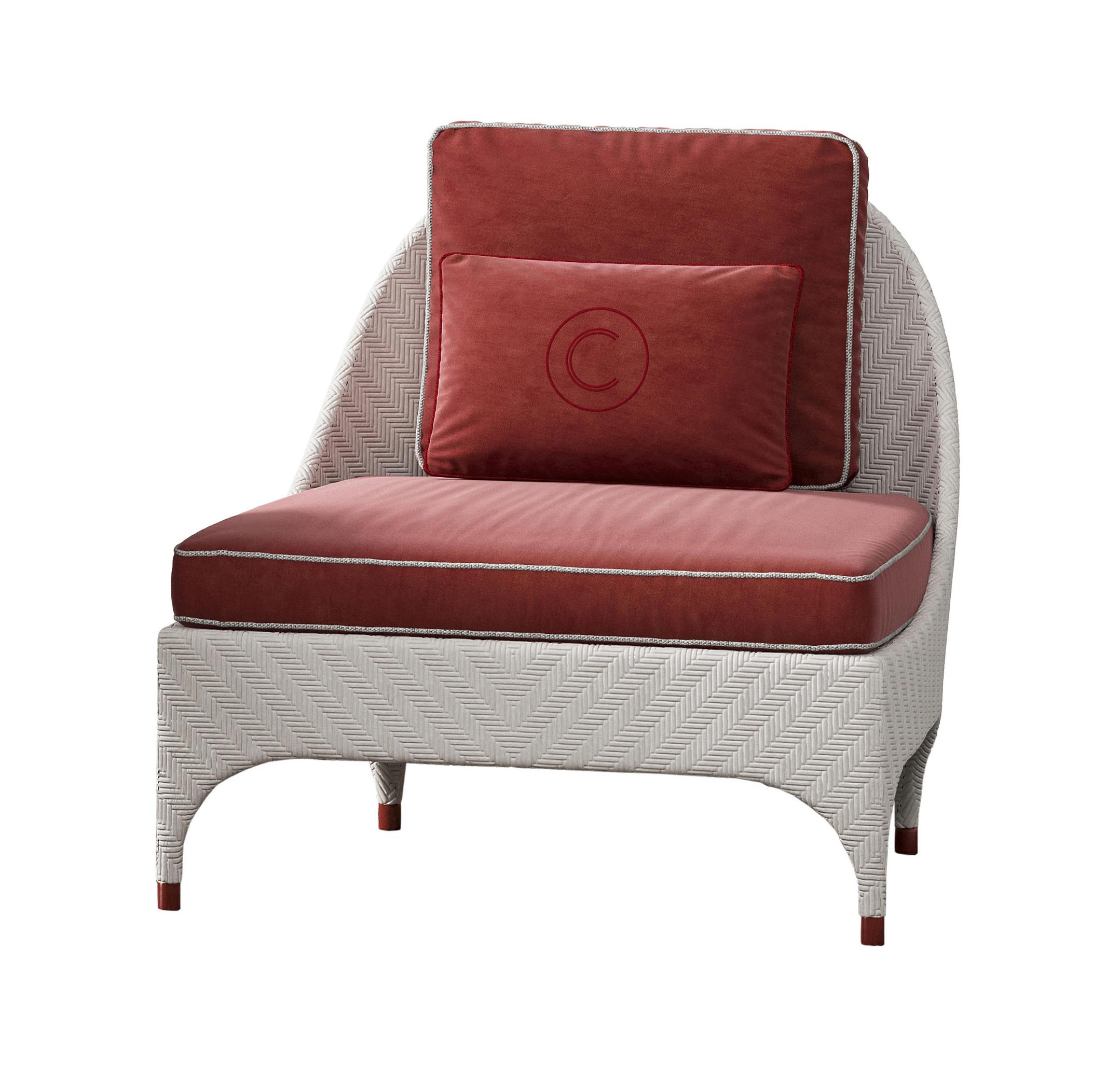 Modern White Outdoor Armchair with Red Cushions