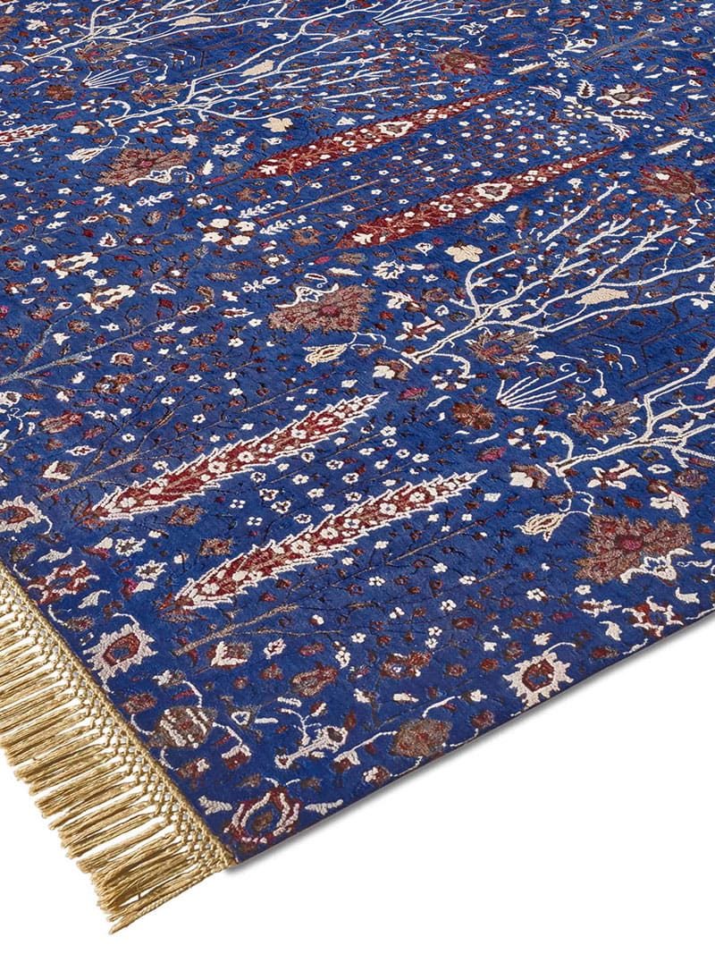 Pine Garden Blue Hand-Knotted Wool / Silk Rug ☞ Size: 183 x 274 cm