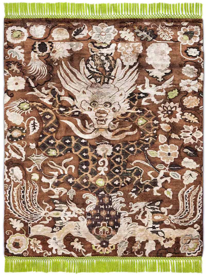 Dragon Green / Beige Silk / Wool Rug