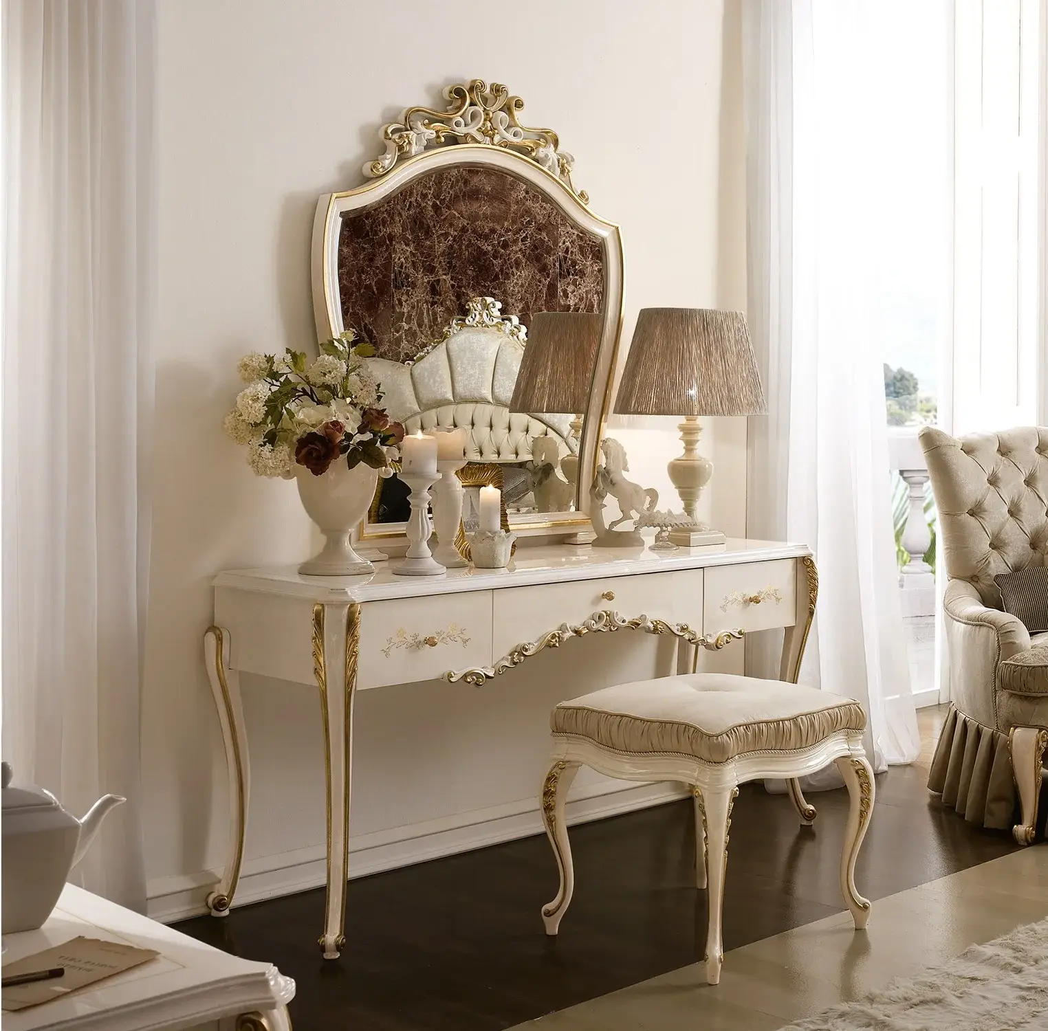 Beige & Gold Italian Stool