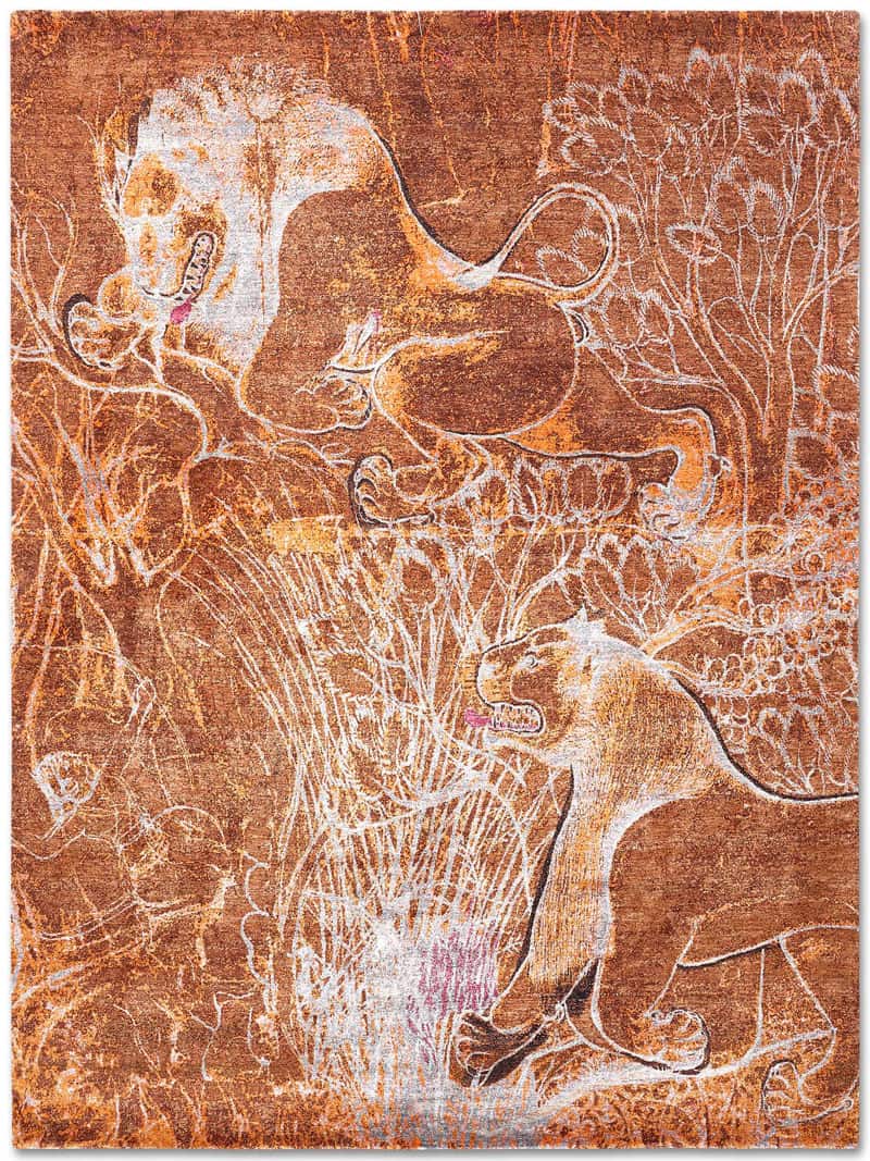 Two Lions Hand-Woven Exquisite Rug ☞ Size: 122 x 183 cm