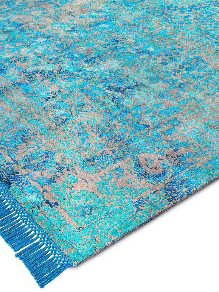 Electric Blue Hand-Knotted Wool / Silk Rug | Size: 122 x 183 cm