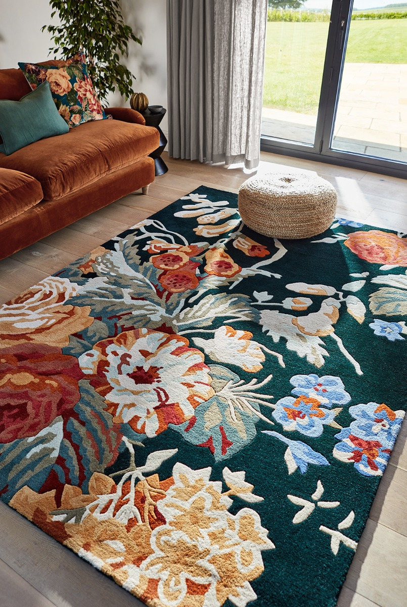 Flowers Navy / Orange Wool Rug ☞ Size: 140 x 200 cm