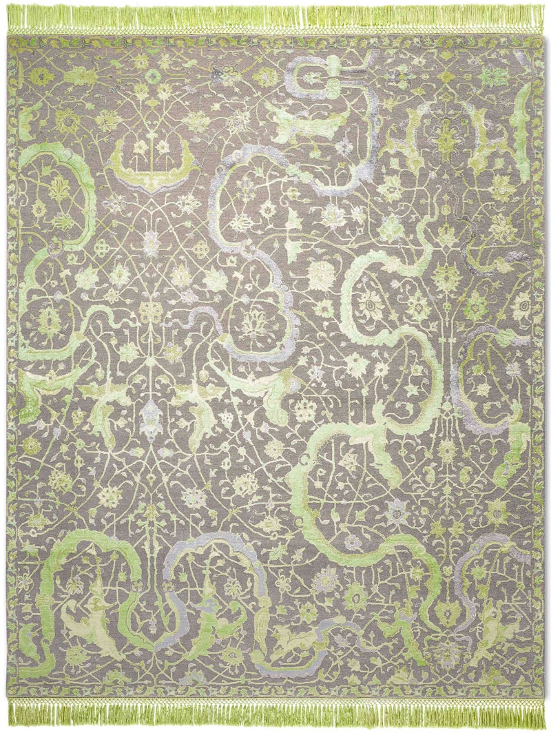 Tabriz Green Hand-Knotted Wool / Silk Rug ☞ Size: 300 x 400 cm