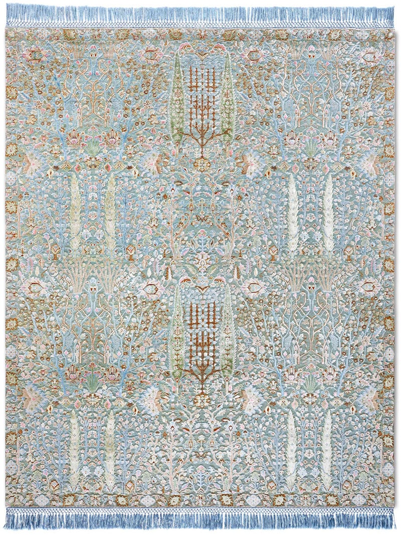 Pine Garden Blue Hand-Knotted Wool / Silk Rug ☞ Size: 300 x 400 cm
