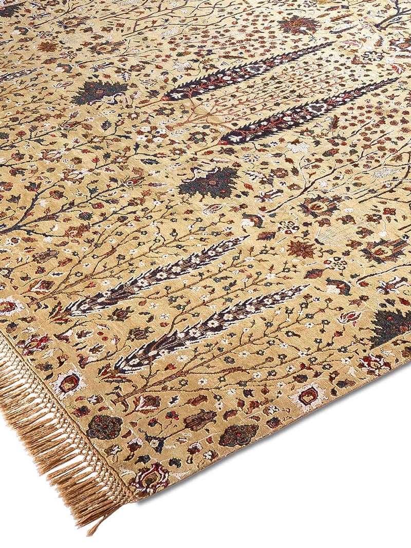 Pine Garden Gold Hand-Knotted Wool / Silk Rug ☞ Size: 305 x 427 cm