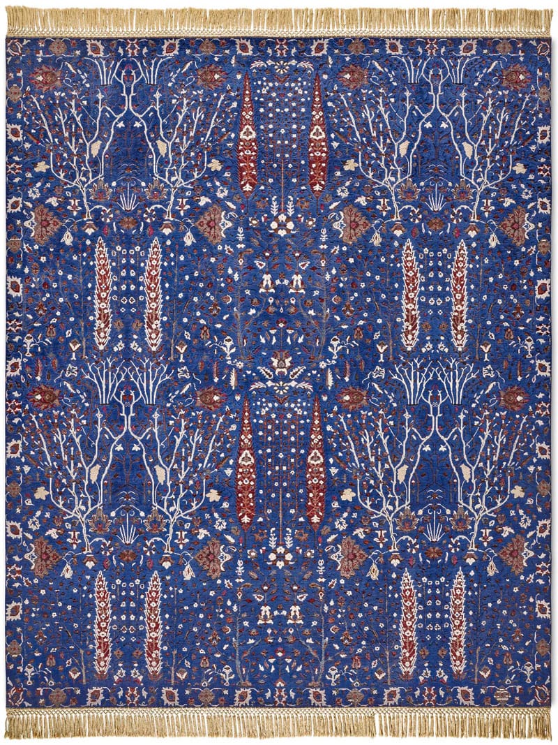 Pine Garden Blue Hand-Knotted Wool / Silk Rug ☞ Size: 183 x 274 cm