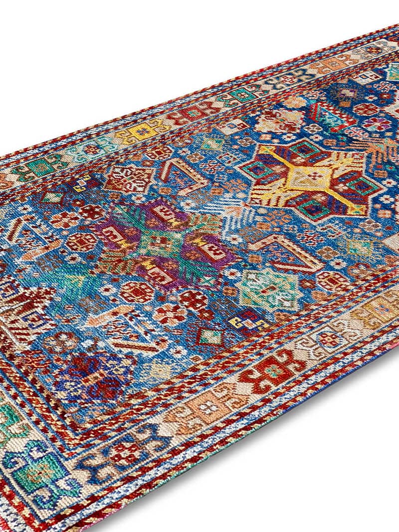 Original Natural Blue Hand-Knotted Wool Rug ☞ Size: 92 x 365 cm