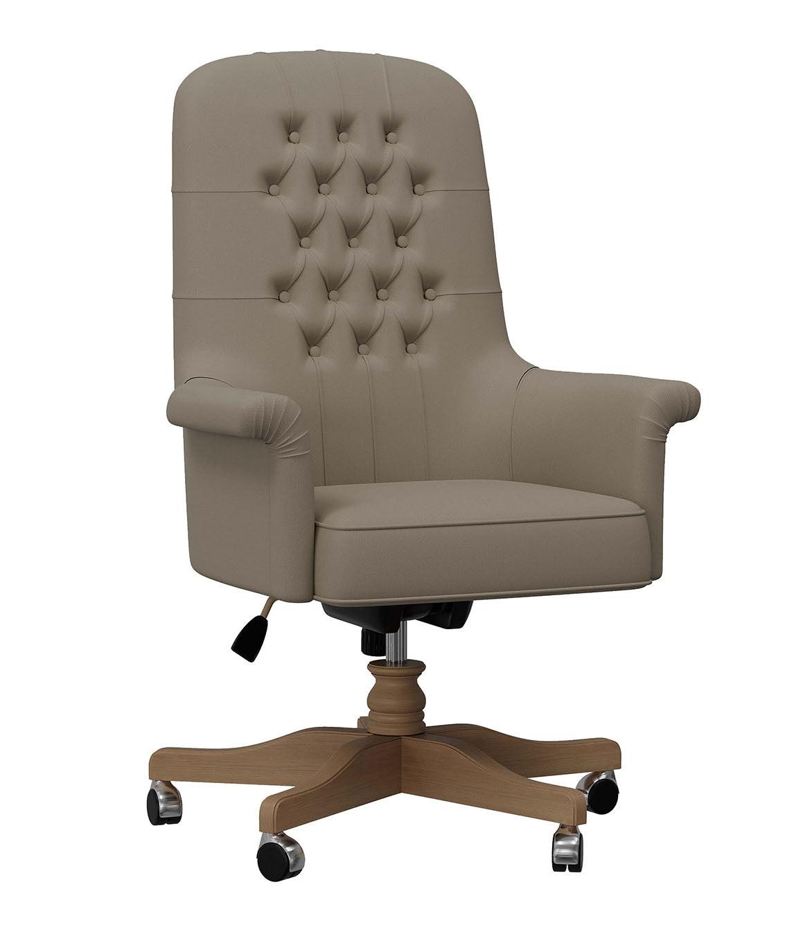 Beige Tufted Artisan Swivel Office Armchair with Wooden Base