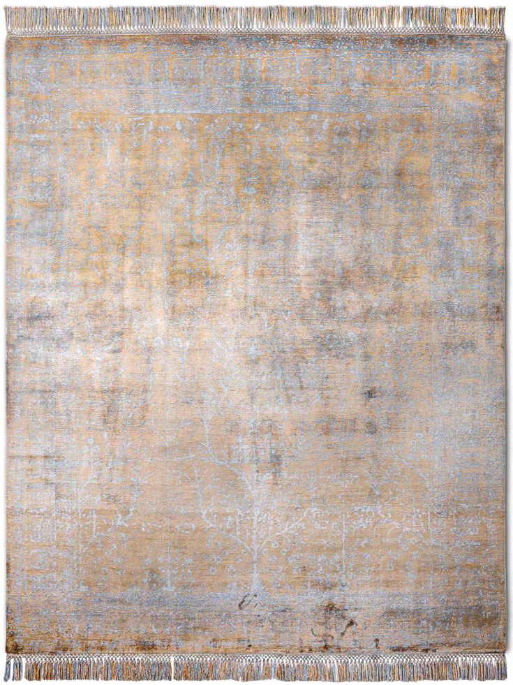 Light Blue Hand-Knotted Silk Rug ☞ Size: 122 x 183 cm