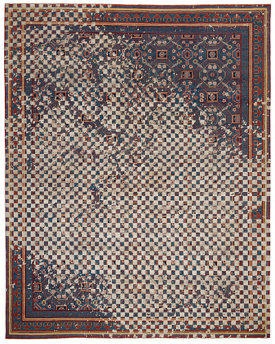 Blue Multicolored Checkered Oriental Luxury Rug