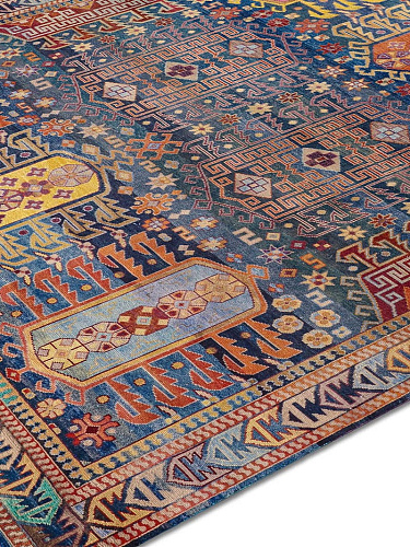 Original Natural Blue Hand-Knotted Wool Rug