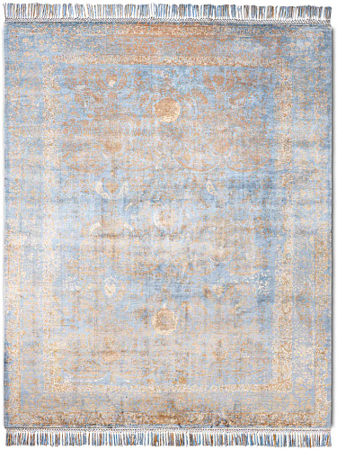 Gold / Blue Hand-Knotted Silk Rug