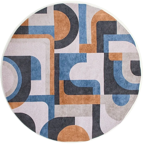 Camel Tan with Blue Motif Round Rug