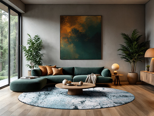 Cool Blue-Green Textured Round Rug