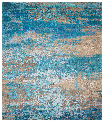 Artwork Hand-woven Wool & Silk Blue Luxury Rug