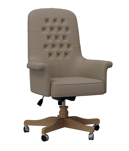 Beige Tufted Artisan Swivel Office Armchair with Wooden Base